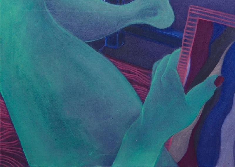 A painting on thin fabric which creates the illusion to be translucent. It depicts fragments of a person sitting on a table. The perspective is intimate, first-person. You are not looking at the scene. You are in it.
