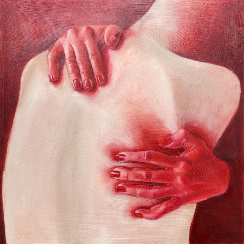 A square oil painting of two hands hugging a body, viewed from behind. The hands are red, the background is dark red, and the body is a greyish white color.
