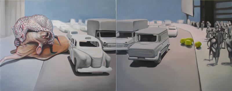 Diptych showing a surreal city street: a leopard attacking an antelope among stylized cars and figures, while lemons lie on the opposite side of the road. Acrylic on canvas, 2012–2013, by GAJEK