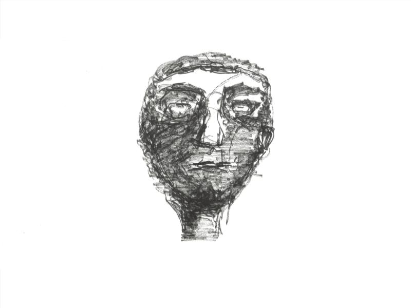 Expressive Zeichnung eines menschlichen Gesichts mit dunklen Linien und offenen Augen, reduziert und fragmentarisch dargestellt.