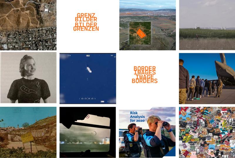 Zu sehen sind in einem Raster angeordnet 10 verschiedene Bilder aus der Ausstellung "Grenzbilder - Bildergrenzen", u.a. ein Coverfoto einer Risikoanalyse der Europäischen Grenzschutzagentur Frontex, eine Drohnenaufnahme eines Bootes auf dem Mittelmeer und ein Pressefoto zu einer erzwungenen Ausreise von Migrant:innen aus den USA nach Guatemala.
