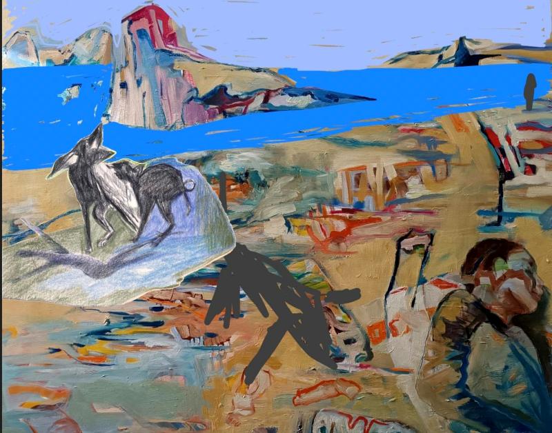 Work in progress, Malerei, Collage, Bildbearbeitung, liegende Figur, Hunde und gegenstände am Strand