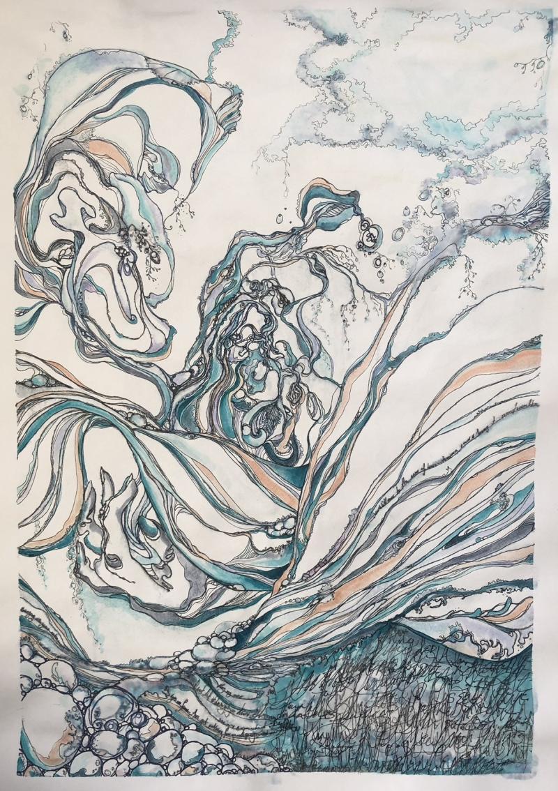 Blue Foundation, Ink and Acrylic on cotton rag paper, 18x22cm