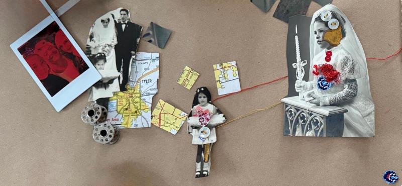 Concept mock-up showing a life-scale body-shaped artwork combining photography, textiles, and collage elements.