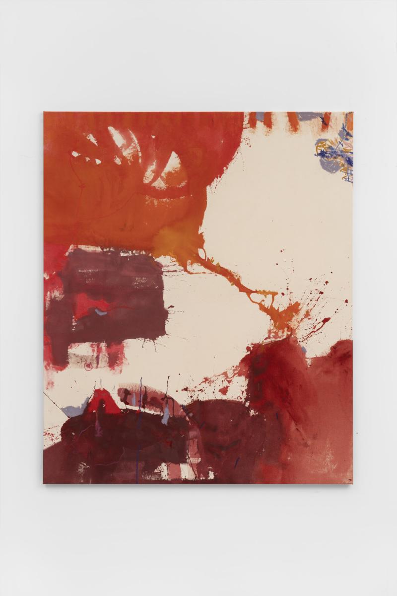 Abstract painting with bold red and orange washes, splashes, and layered marks on raw canvas, leaving large areas of open fabric.
