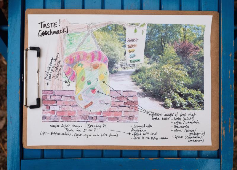 Eine Collage zeigt Arbeitsskizzen eines farbigen, offenen Mundes, der mit herausgestreckter Zunge an einem Baum im Park hängt. Auf der Zunge sind unterschiedliche Lebensmittel angeordnet.   A collage showing the working sketches of a colourful open mouth hanging from a tree in a park with the tongue hanging out. The tongue has various foods drawn on it.