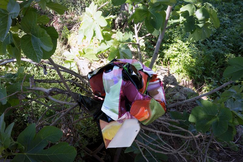 Eine Skulptur aus Malerei, die am menschlichen Körper getragen werden kann. Im Bild ist zu sehen, wie sie im Grünen abgelegt wurde.