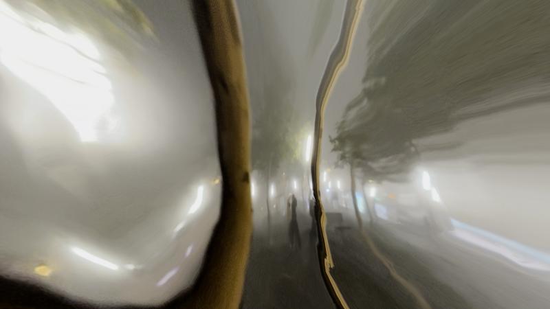 Screenshot aus der Arbeit. Ein Platz im Winter mit Nebel und Bäumen. Verzerrte Perspektive