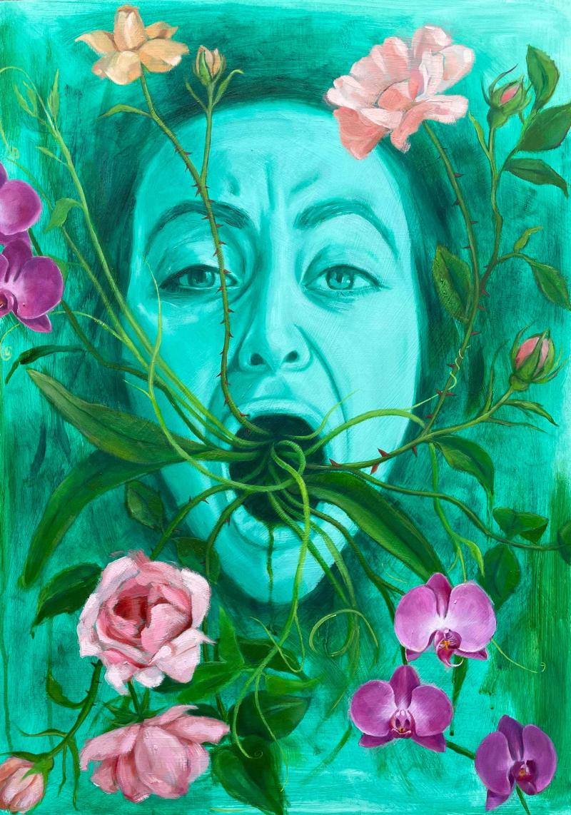 An oil painting of a green face with its mouth wide open. Vines and flowers are growing out of the mouth, curling around the face, with pink and yellow roses and orchids.