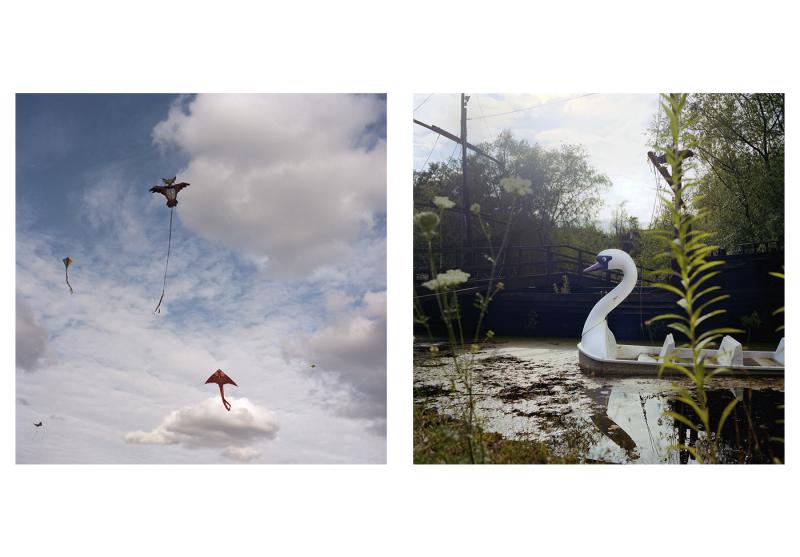 Ein Diptychon mit Drachen und Schwanenboot