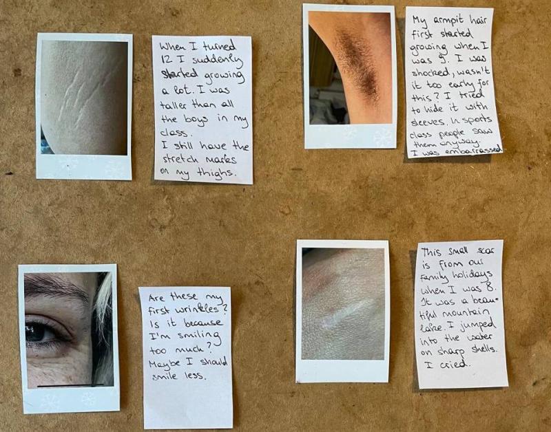 Polaroids of skin details and text next to it