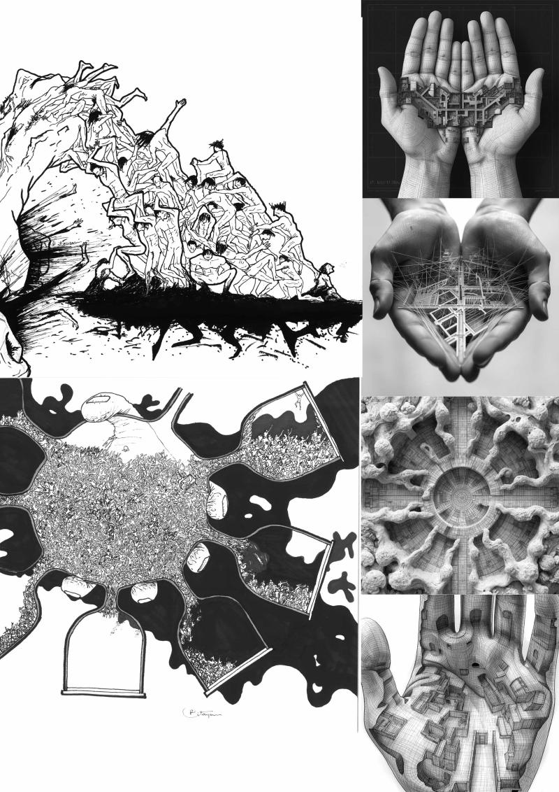 Sands, Ash and Creat(or/ed)- On the right side is the snippets of video art and on the left are two artworks(ink on paper).