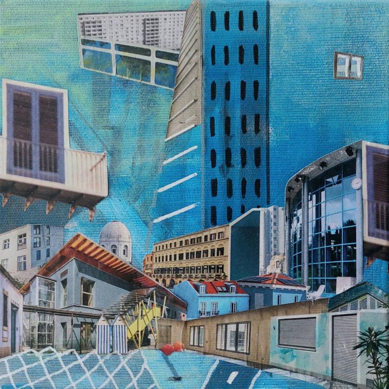 Mixed Media Bild mit einer utopischen Stadtlandschaft