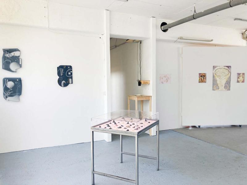 An exhibition room with a white wall behind. Some paintings and collage works on the wall, an installation work (a glass box with objects on the metal frames) shown in the front. 