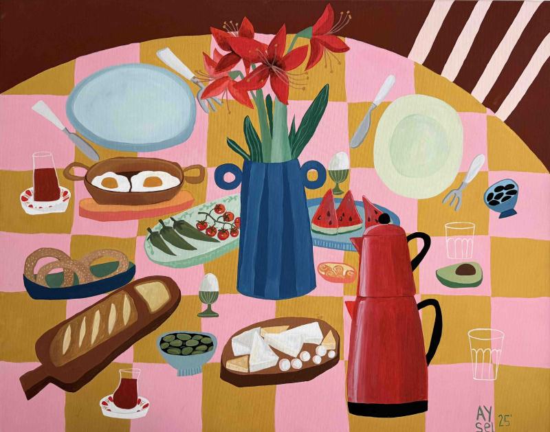 Still life painting of a Turkish breakfast table with bread, tea, eggs, cheese, olives, and flowers