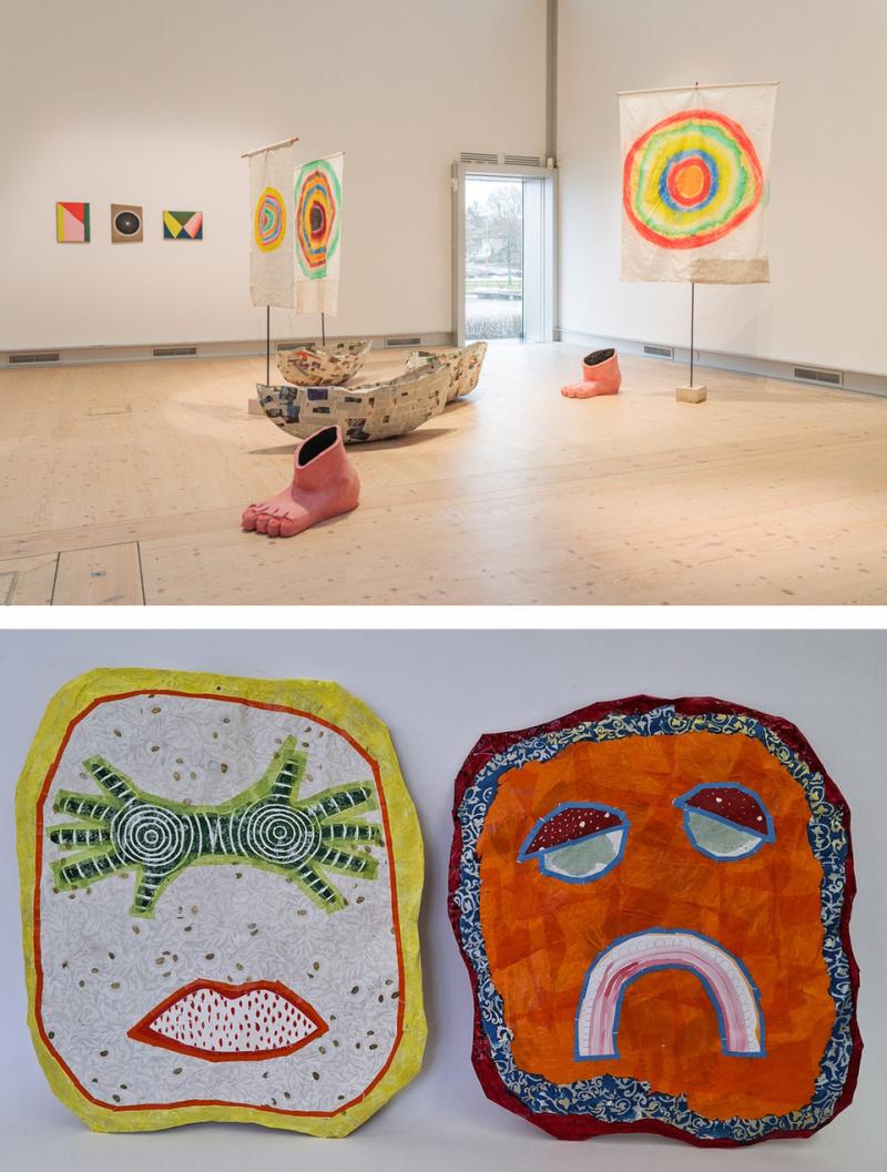 Oben: Blick in eine Ausstellung mit Fahnen und anderen Objekten. Unten: Zwei Gesichter aus Papier