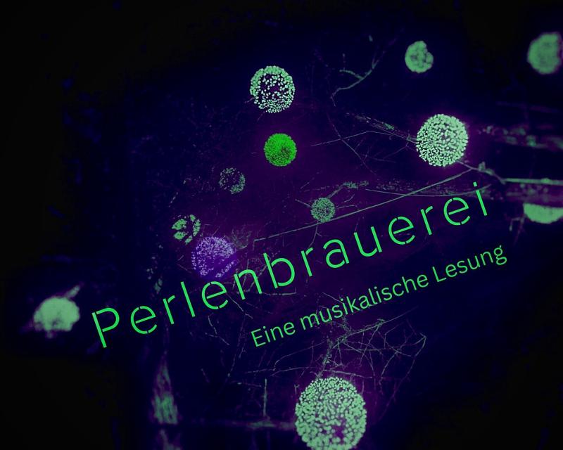 Auf einem düster-violetten Bild schweben grün leuchtende Kugeln in einem fein verästelten Netzwerk. Darin der Titel: Perlenbrauerei. Eine musikalische Lesung