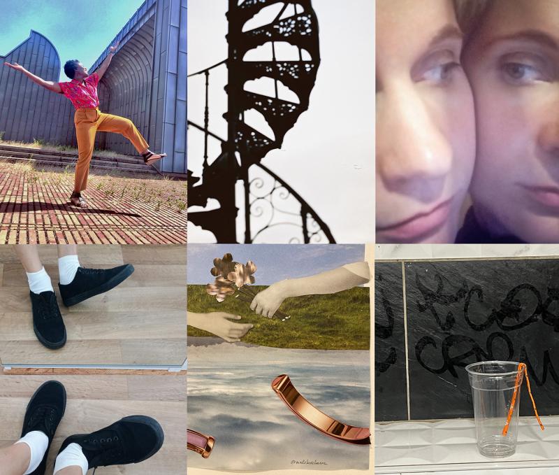 Collage aus sechs Bildern: Eine Tanzperformance im Freien, eine abstrakte S/W-Wendeltreppe, ein Porträt mit Spiegelbild, Beine in weißen Socken und schwarzen Schuhen, eine Hand, die ein Blumenbouquet reicht, und ein Plastikbecher mit Trinkhalm in einem Badezimmer.