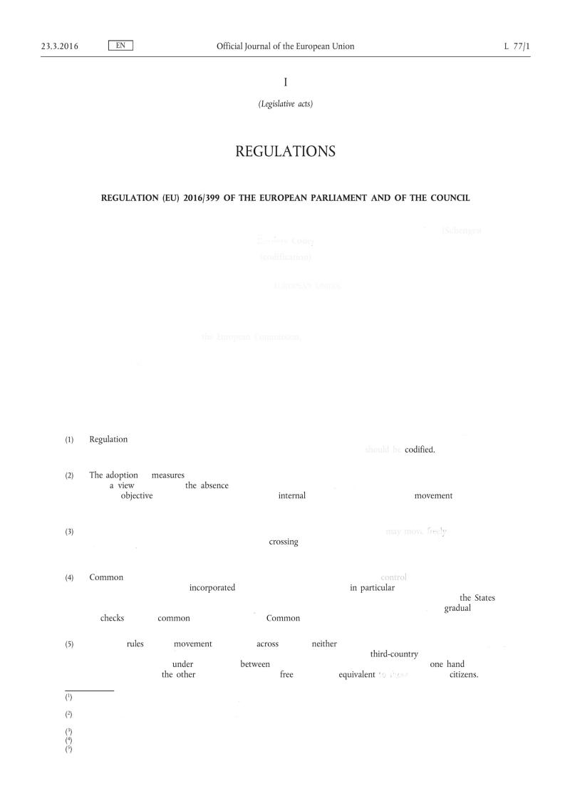 Frame 1 of codified absence: A partially redacted official EU document, showing printed text with many blank and faded sections under the heading “REGULATIONS” and subheading “REGULATION (EU) 2016/399 OF THE EUROPEAN PARLIAMENT AND OF THE COUNCIL.”