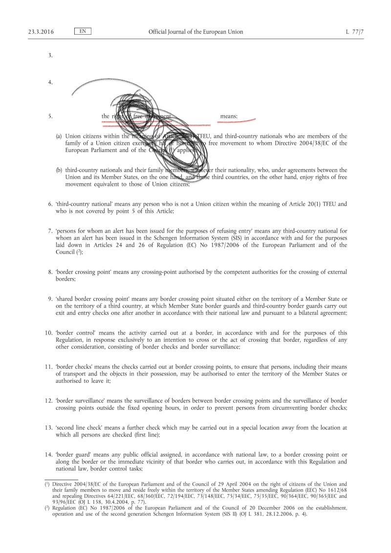 Later frame of codified absence: A page from the Official Journal of the EU, with printed text over which a black pen doodle and circles appear at the top centre, circling the words “free” and “applies.” The phrase “the right of free movement means” is underlined in red.