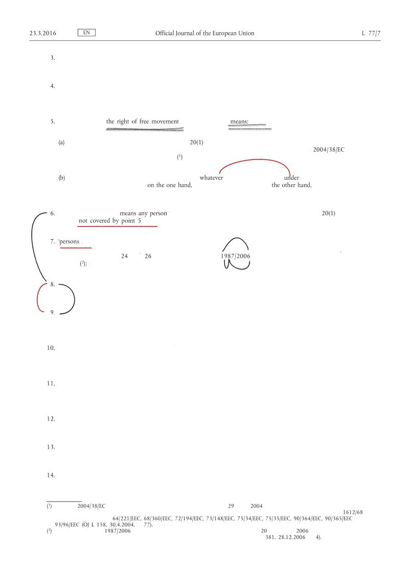 Later frame of codified absence: Another page from the Official Journal of the EU, with printed text and smaller red and black pen doodles connecting numbers on the page. The phrases “the right of free movement means” and “not covered by point 5 persons” are underlined.