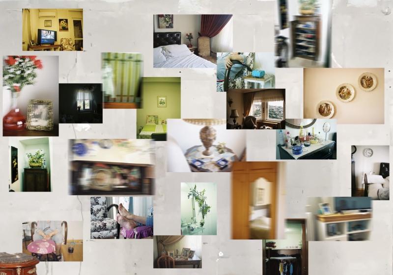 Pictures each scarred on to the wall, some are blurry and fading away accompanied with personal item´s from grandmother.