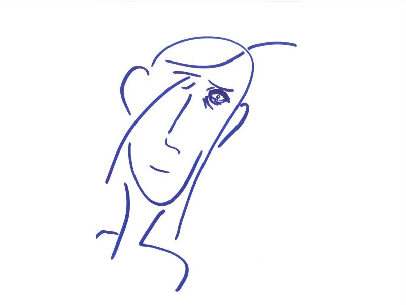 Minimalistische Zeichnung eines menschlichen Gesichts in blauer Linie auf hellem Hintergrund.