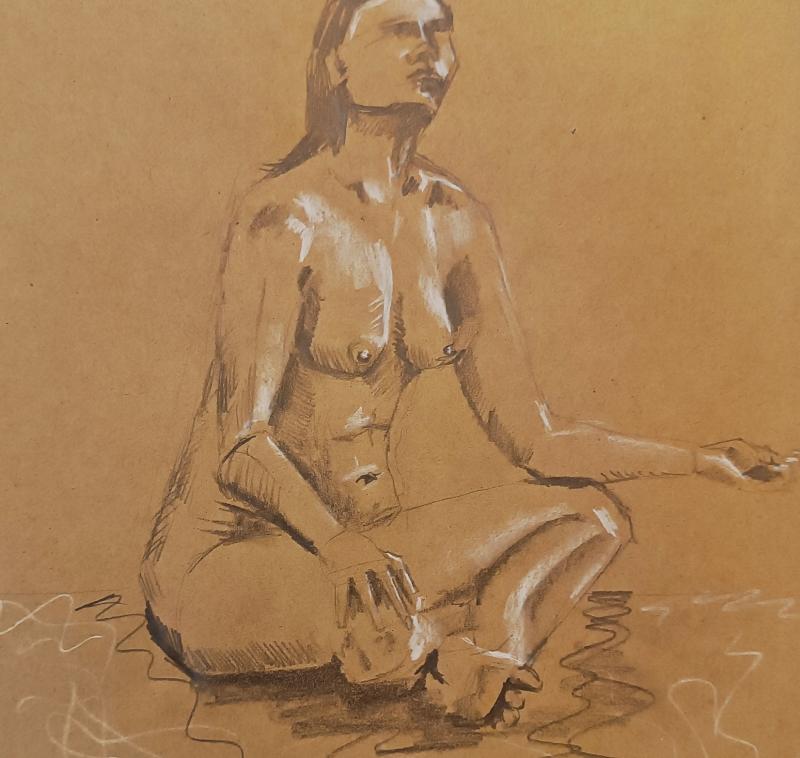 Nackte Frau im Schneidersitz - Kohle und Pastel auf braunem Zeichenpapier