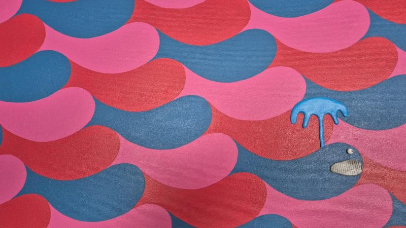 Pattern painting of repeating rounded shapes in pink, red, and blue with a small sea creature appearing within the pattern.