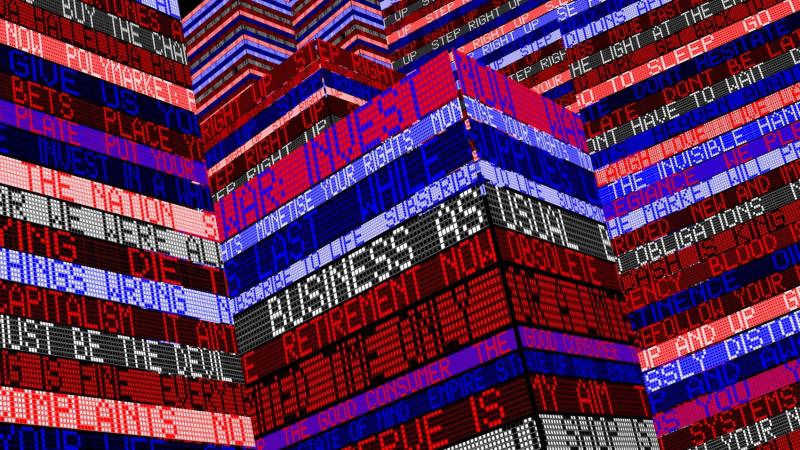 3D Rendering of multiple news tickers showing the phrase "Business as usual" in the foreground