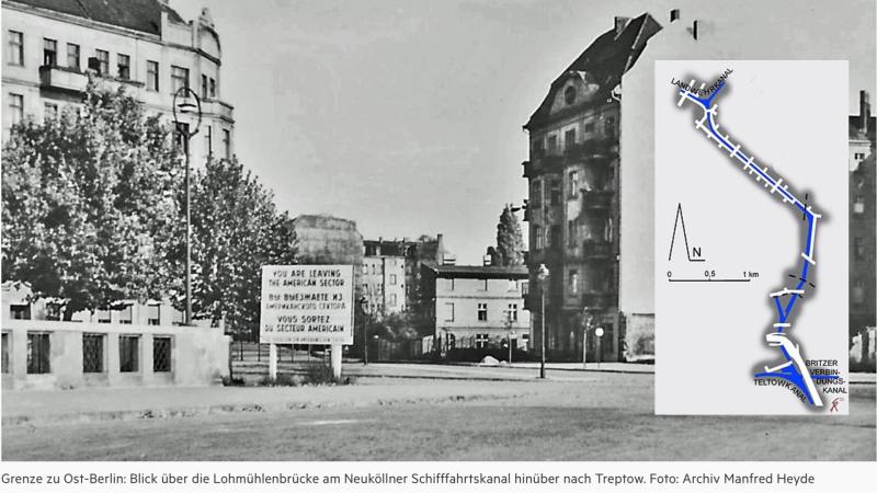 Schwarz-Weiß Aufnahme von der Grenze zu Ostberlin: Blick über die Lohmühlenbrücke am Neukölln Schifffahrtskanal hinüber nach Treptow.