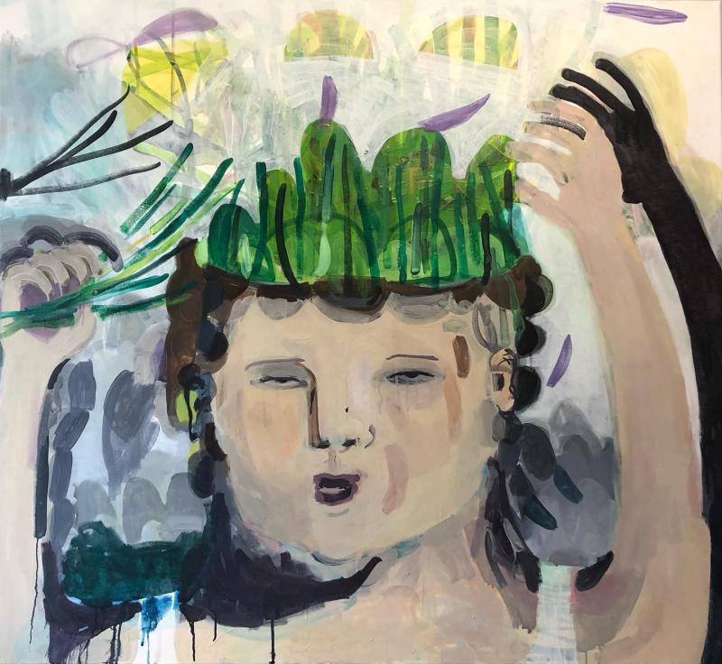 A person with an open head where their thoughts come out as pieces of nature. Her hands go up in the air Holding leaves of grass. 
