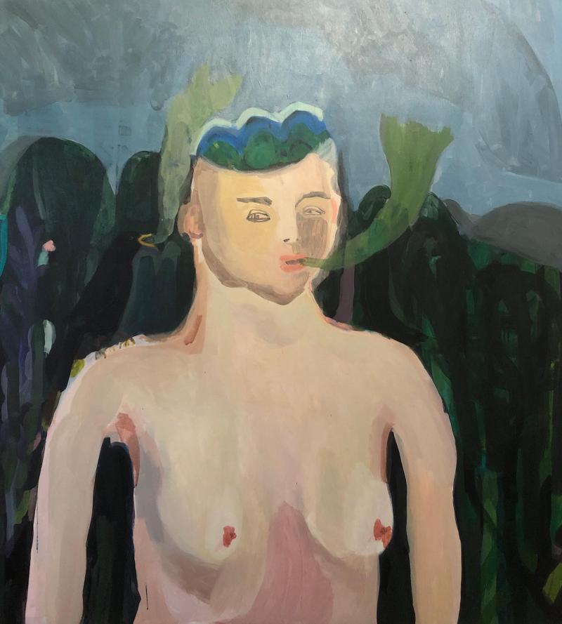 An androgynous looking naked person displayed from the waist on, breasts out. There is a blackbird on their shoulder. They both breathe out a colourful air. 