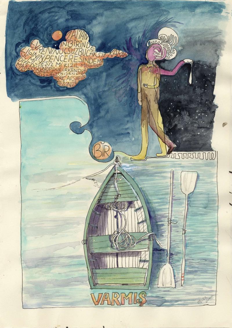 Ein Bild mit Meer, einem Boot und einer Frau, mit türkischem Text.