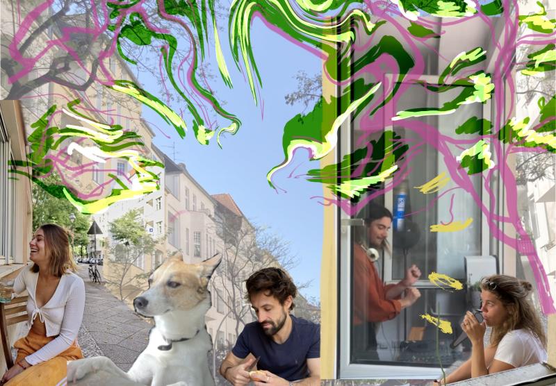 An abstract image composed of the artist around the window where the event will take place. 