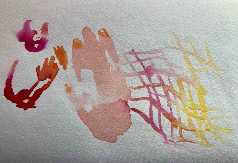 Gelb Lila Zaun aus dem eine hand erwächst, da hinter ein mensch in roter Farbe  der sein Herz hält