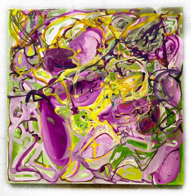 This appears to be an abstract painting with expressive, layered brushstrokes and bright colors. Dominant colors include magenta, purple, yellow, green, and black. Although it’s abstract, some suggestive shapes appear:  Distorted human-like faces overlapping in the center and right side. Large lips or mouths, one with a yellow cross-like mark inside. Eye-like shapes and curved forms that resemble facial features. Organic or insect-like lines (thin yellow and black lines that look like antennae or limbs).