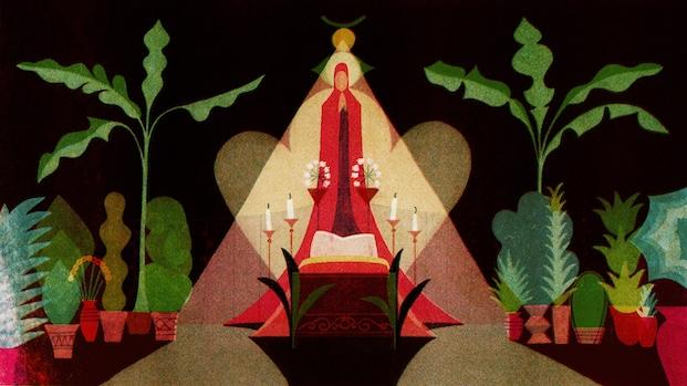 Background from a film in development, Condenaditos by Matisse Gonzales. A female figure is surrounded by potted plants.