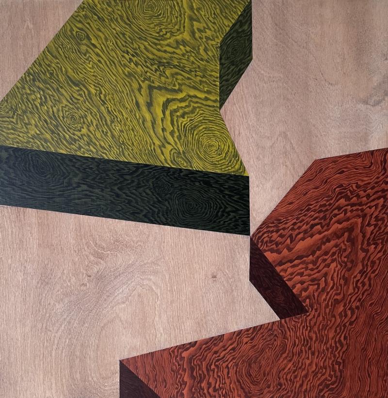 An abstract geometric artwork featuring angular, three-dimensional shapes with detailed woodgrain textures. The forms are colored in earthy tones—yellow-green and reddish-brown—set against a neutral, light wood background, creating a sense of depth and contrast.