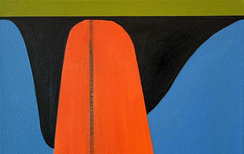A bold, abstract painting dominated by a central orange form rising upward against a black arch, flanked by two blue fields and topped with an olive-green stripe. The composition evokes something between a tongue and an architectural structure.
