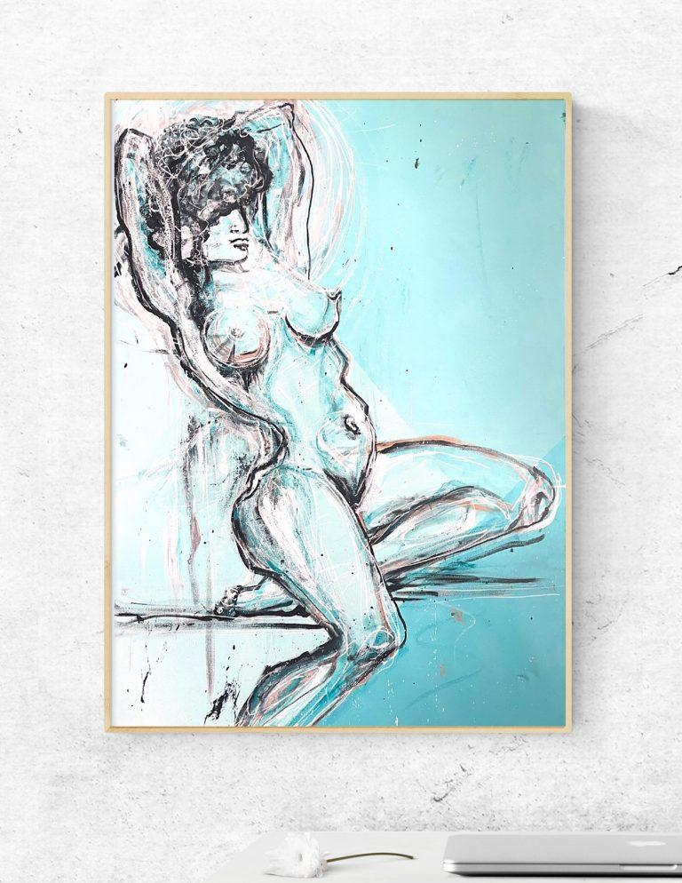 This work captures the human body through a dynamic blend of figuration and abstraction. Expressive lines and a cool turquoise palette create a tension between softness and intensity. The reclining figure conveys both vulnerability and strength, inviting reflection on femininity, embodiment, and the fluid balance between control and freedom.