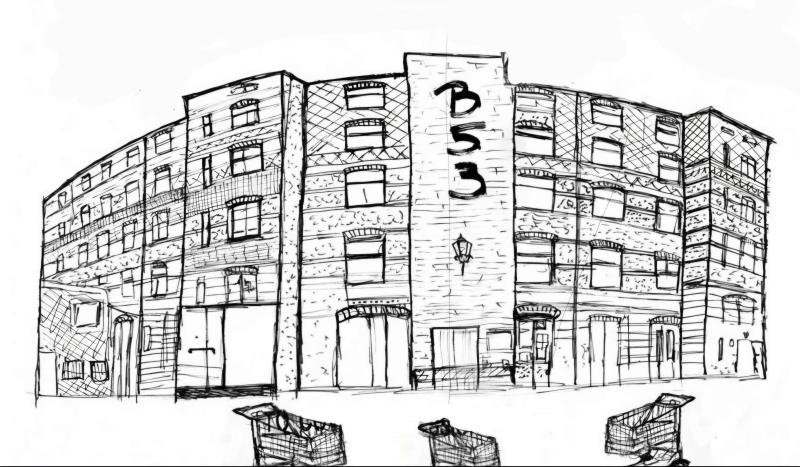 A sketch of the facade of the hausprojekt, Brauni, located at Braunschweiger Str. 53-55