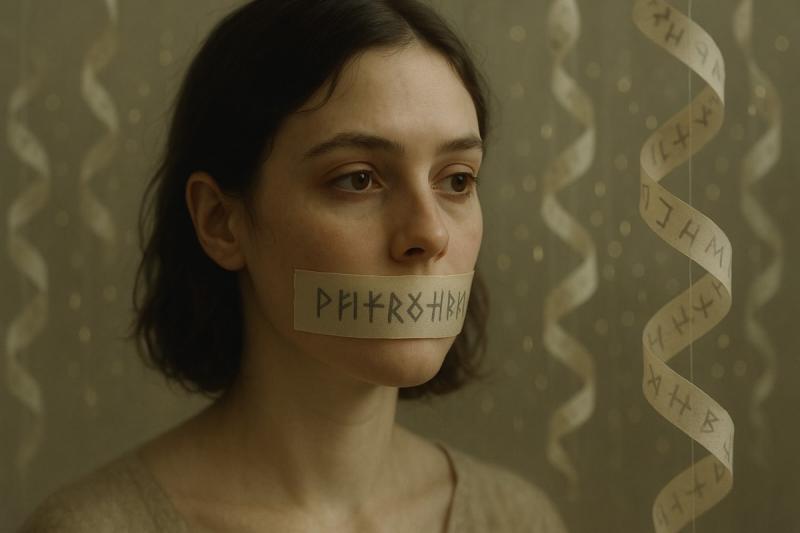 Portrait of a woman with tape over her mouth, marked with symbols, representing enforced silence.