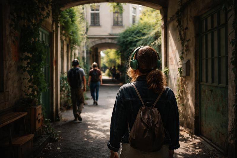 Eine junge Person mit Kopfhörern und Rucksack geht durch einen schattigen Hinterhof in Berlin-Neukölln, während andere Menschen vor ihr durch einen urbanen Durchgang spazieren. Die Szene wirkt ruhig, atmosphärisch und lädt zum Entdecken eines versteckten Stadtraums ein.